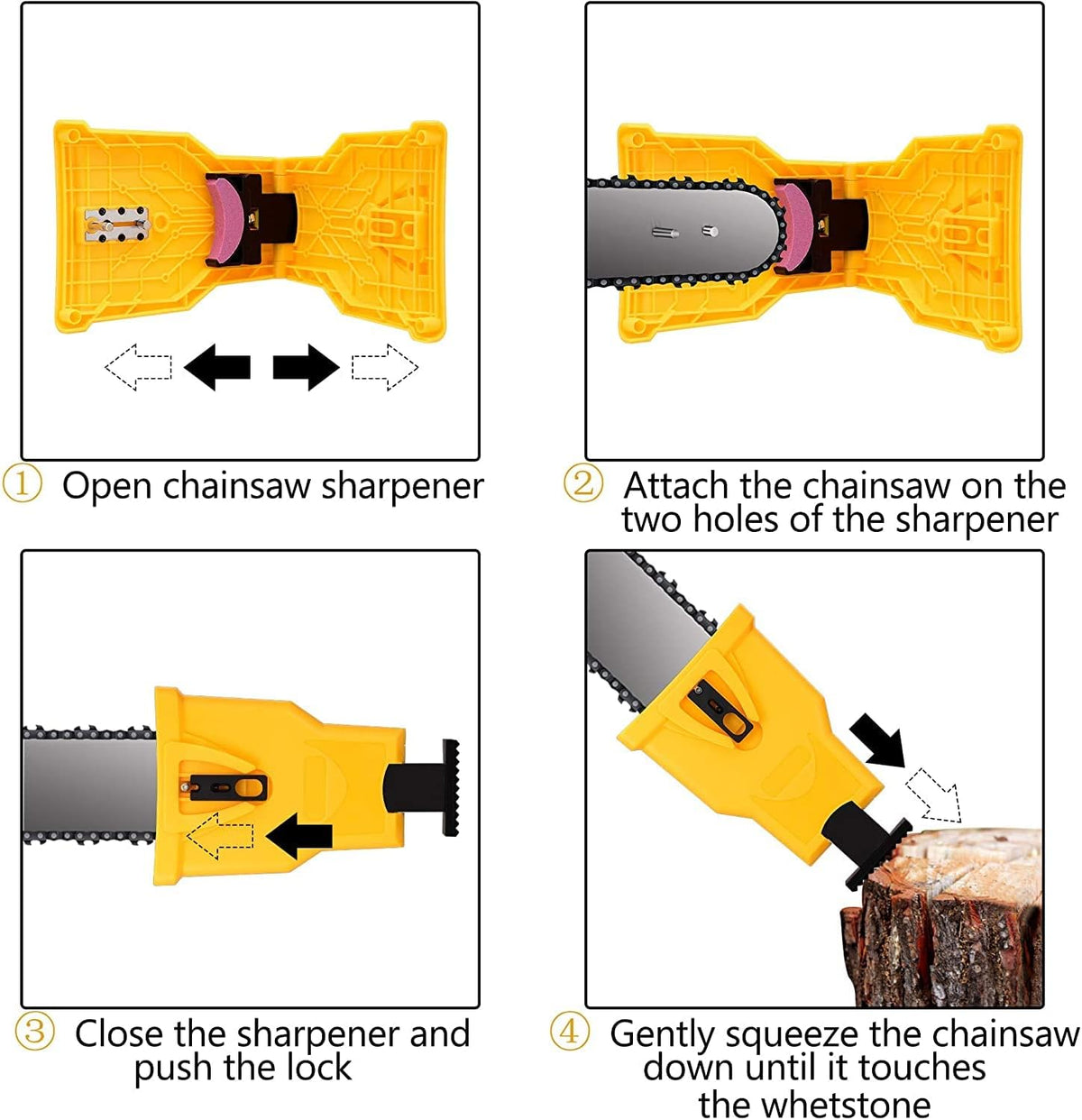 Chainsaw chain sharpener tool operating steps showing open, attach, close, and squeeze actions
