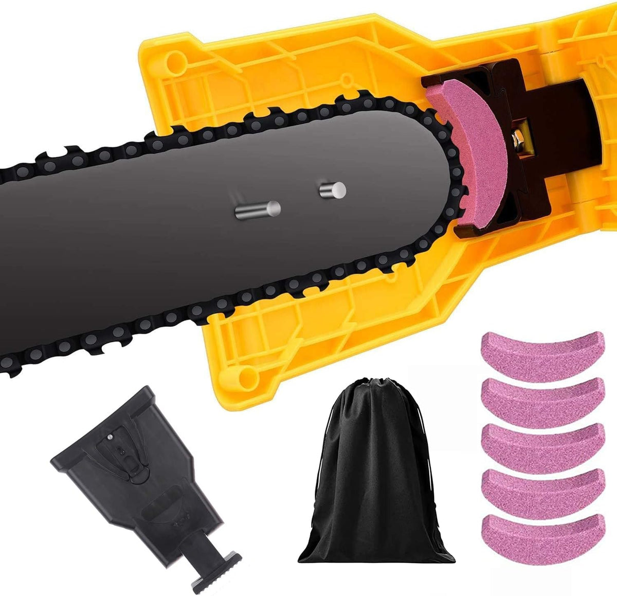 Chainsaw chain sharpener tool with yellow housing, purple wheel, and black chain guide parts