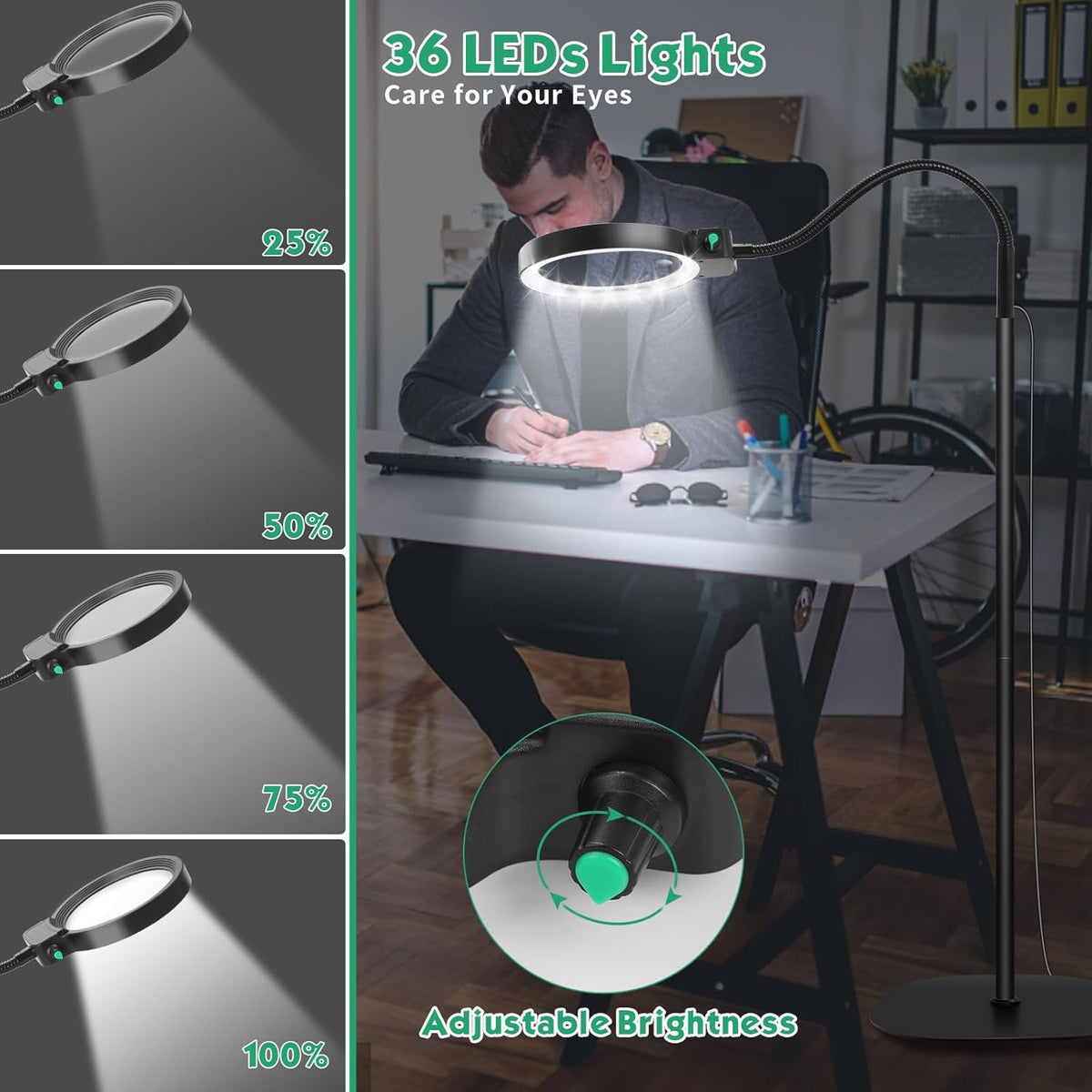 LED desk magnifying lamp with bright circular lens head and black flexible stand.