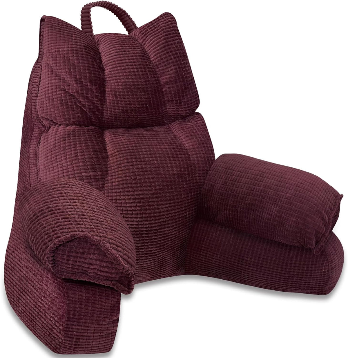 Lounge pillow with arm support, burgundy striped fabric, curved armrest and side bolsters