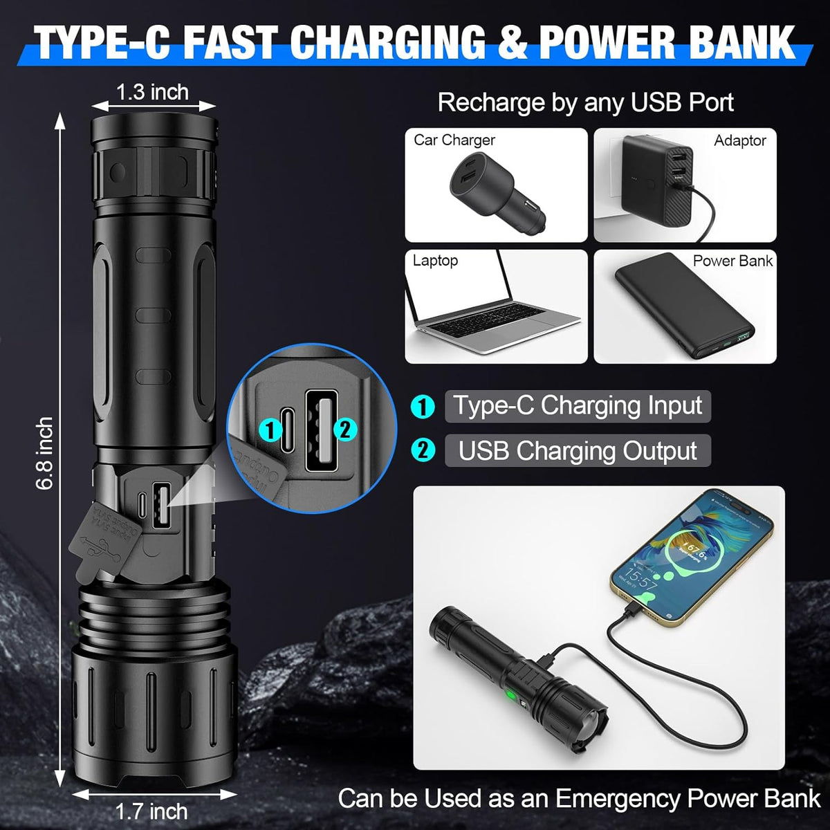 Tactical black LED flashlight power bank with USB Type-C and power display panel