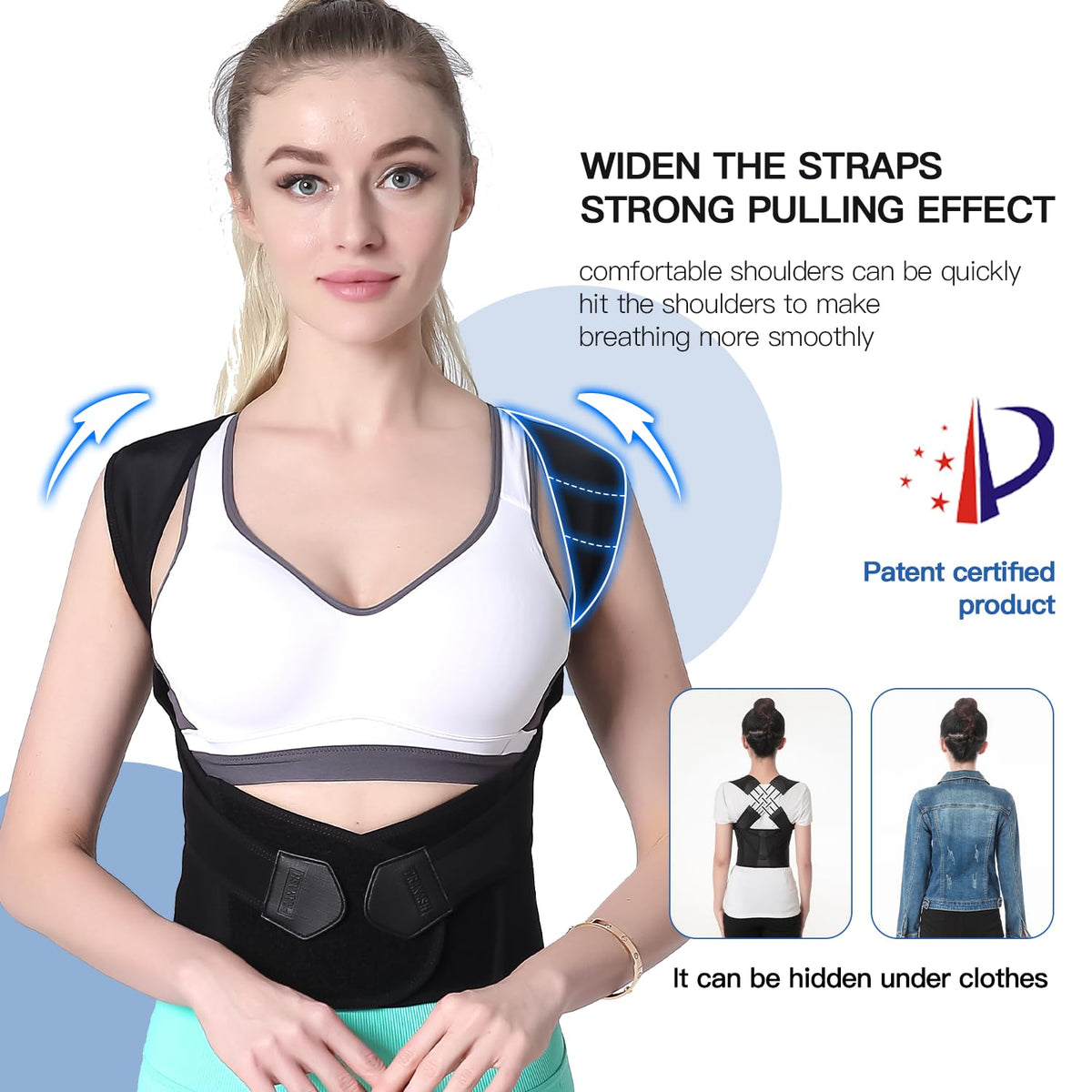Black posture support strap with wide chest straps and front fit under clothing