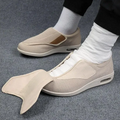 Beige wide slip-on mesh diabetic shoe with cushioned sole and air vent window