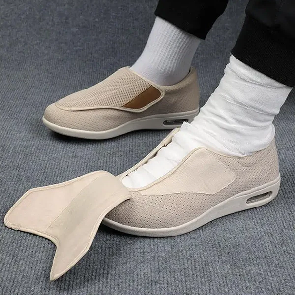 Beige wide slip-on mesh diabetic shoe with cushioned sole and air vent window