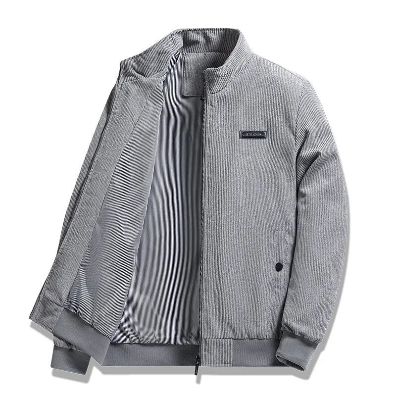 Men's relaxed corduroy workwear jacket in gray, full-zip with stand collar and chest patch