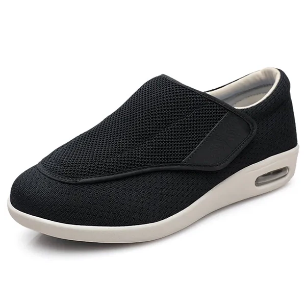 Black wide slip-on mesh diabetic shoe with side air vent and cushioned sole