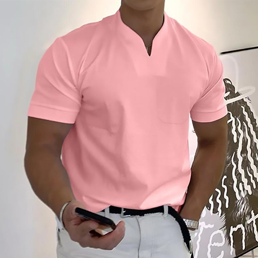 Men's short-sleeve mandarin collar shirt in pink, chest pocket, front placket