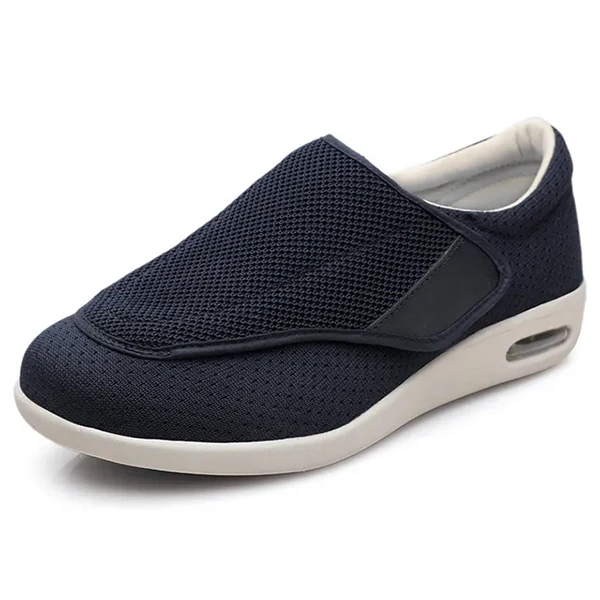 Navy wide slip-on mesh diabetic shoe with side air vent and cushioned sole