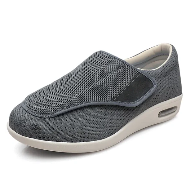 Gray wide slip-on mesh diabetic shoe with side air vent and cushioned sole