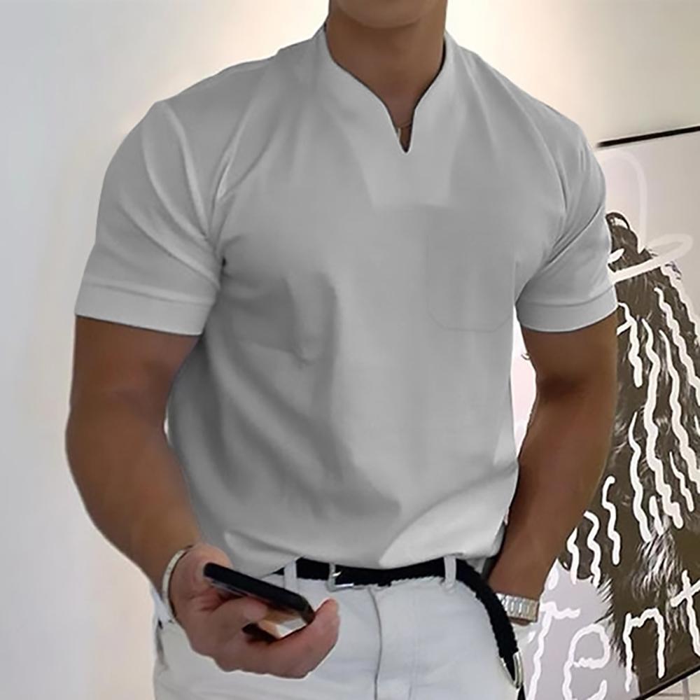 Men's short-sleeve mandarin collar shirt in light gray, chest pocket, front placket