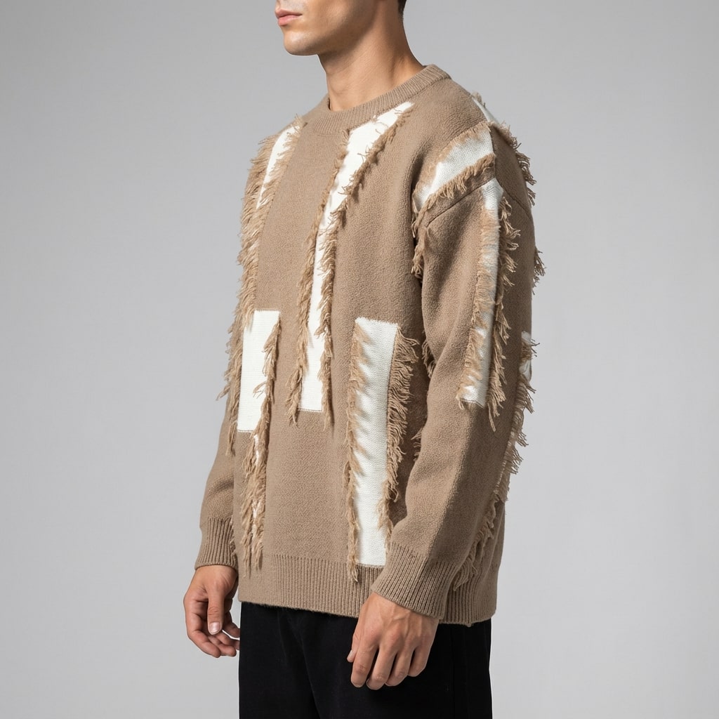 Textured frayed crewneck sweater, layered styled view