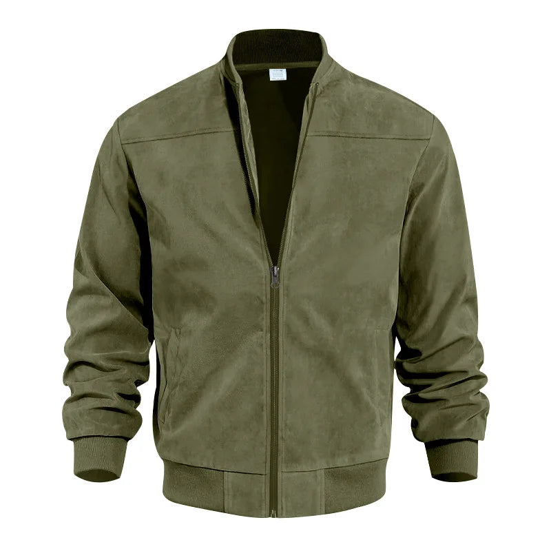 Army green suede-look bomber jacket with stand collar and zip front
