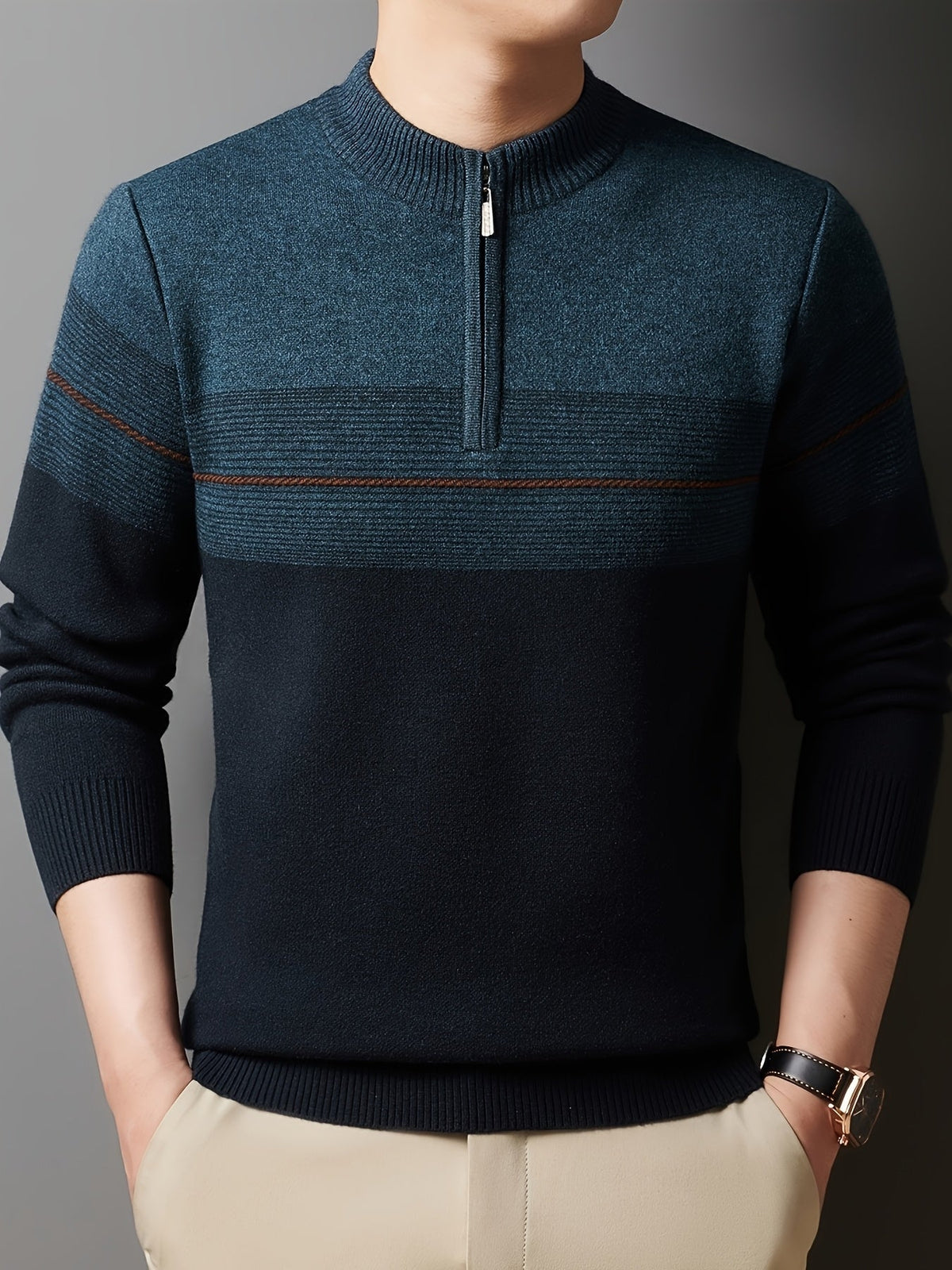 Quarter-zip striped knit sweater, back view