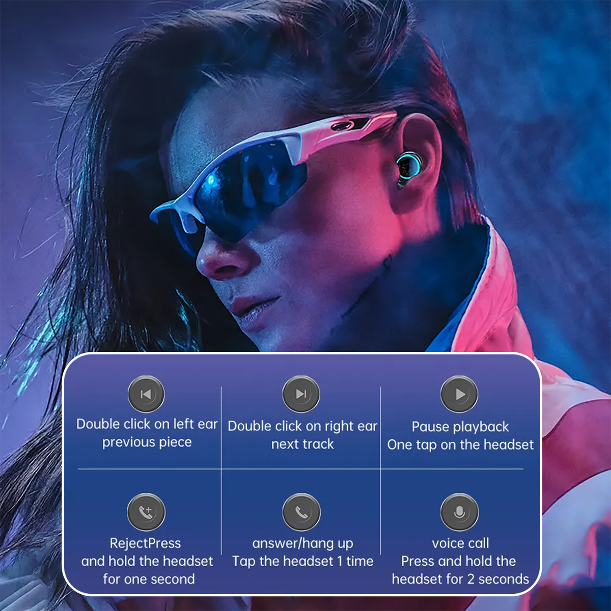 Wireless earbuds worn by a person with sport over-ear style case controls overlay