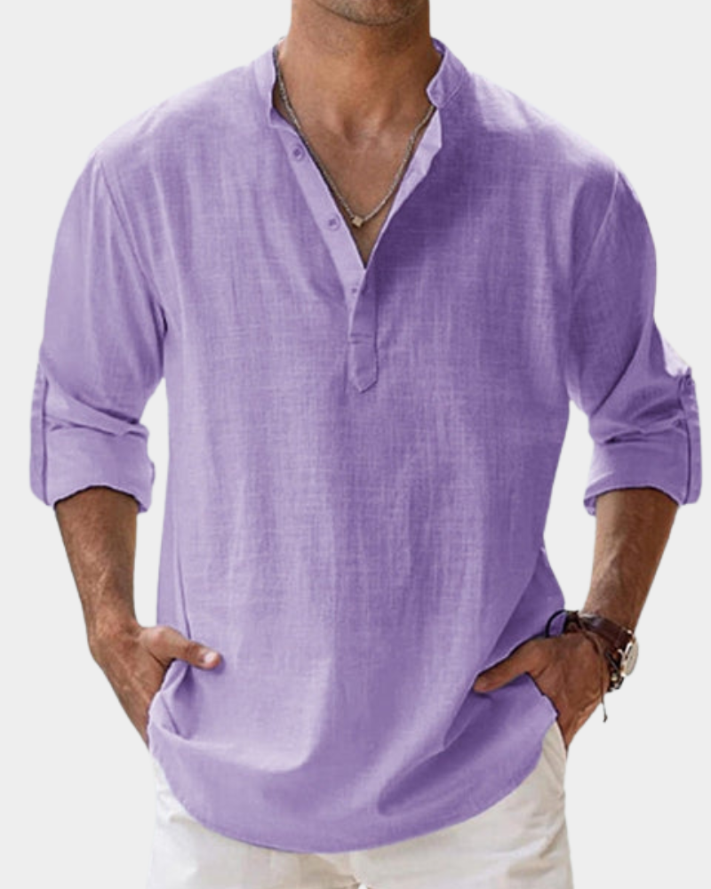 Violet button-up casual shirt with V-neck and 3/4 sleeves, relaxed fit.