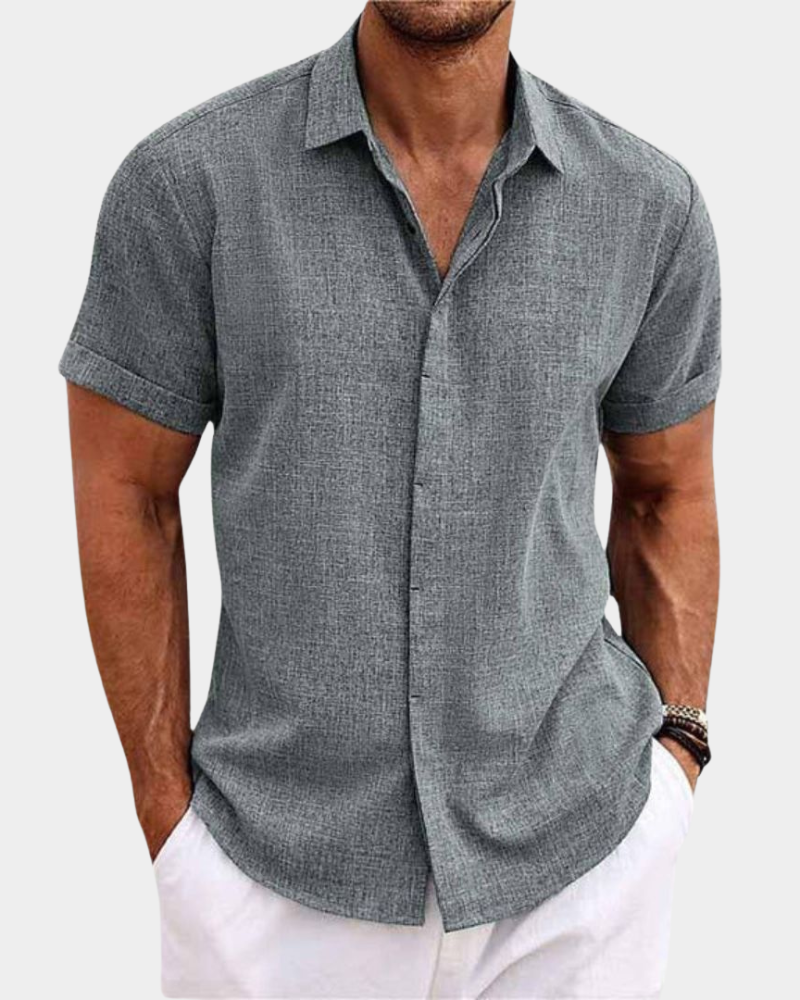 Men's dark gray casual short-sleeve button-up shirt with pointed collar