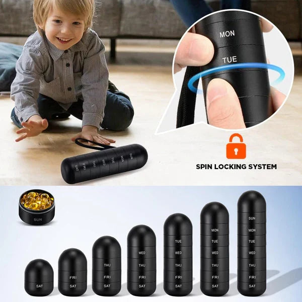 Black weekly pill organizer cylinder with day labels and spin-lock locking system detail
