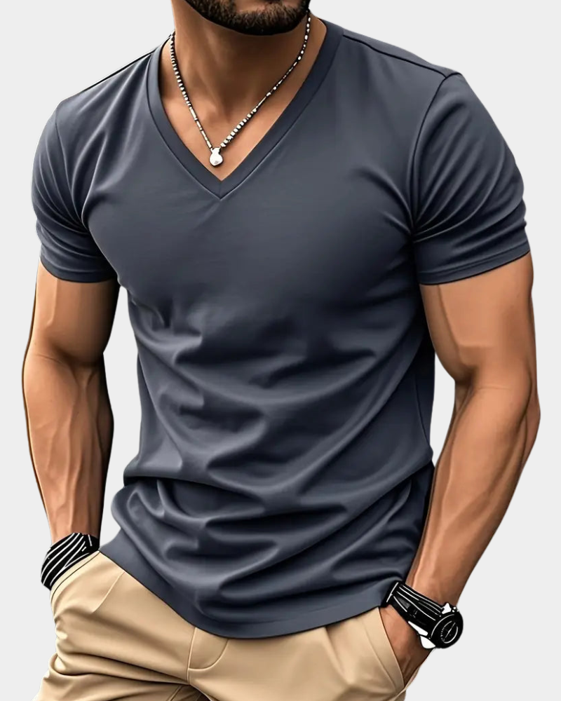 Dark gray V-neck short-sleeve shirt with smooth fitted knit and V-neck collar