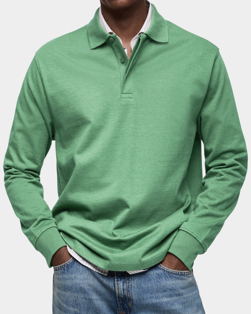 Men's green long-sleeve polo shirt with button placket and ribbed collar