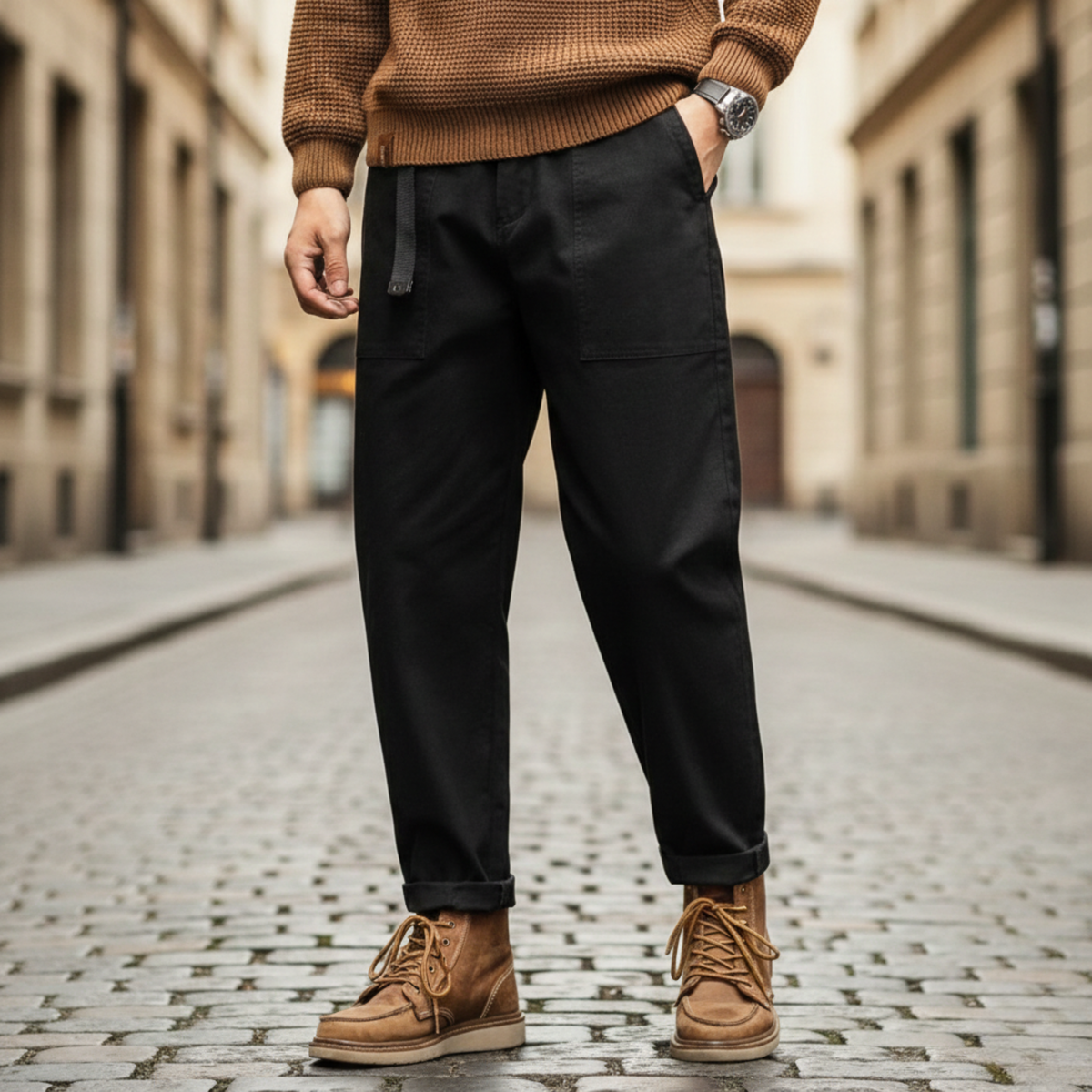 Relaxed straight-leg cargo pants, black color view