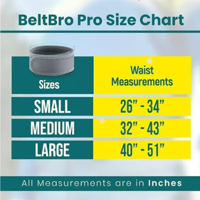 BeltBro Pro size chart showing waist measurements for buckleless belts