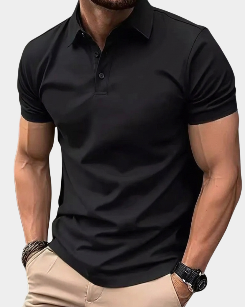 Black solid polo shirt with short sleeves, button placket, and ribbed collar