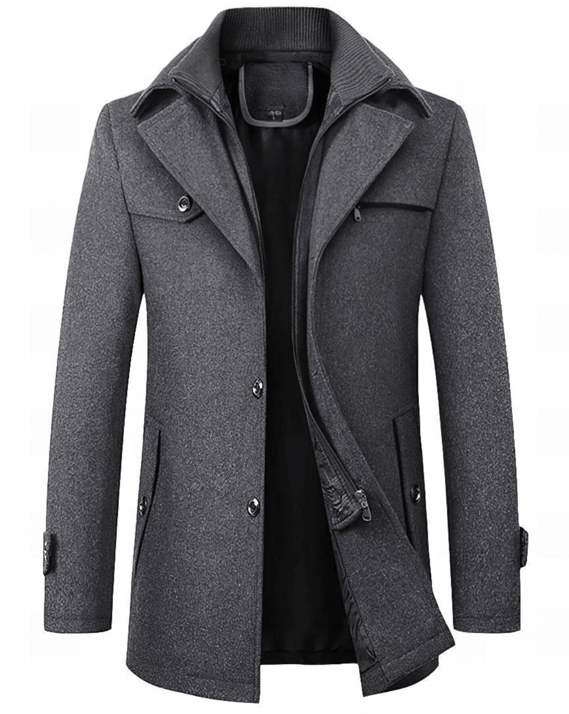 Men's tailored layered button coat, gray hood, asymmetrical front with buttons