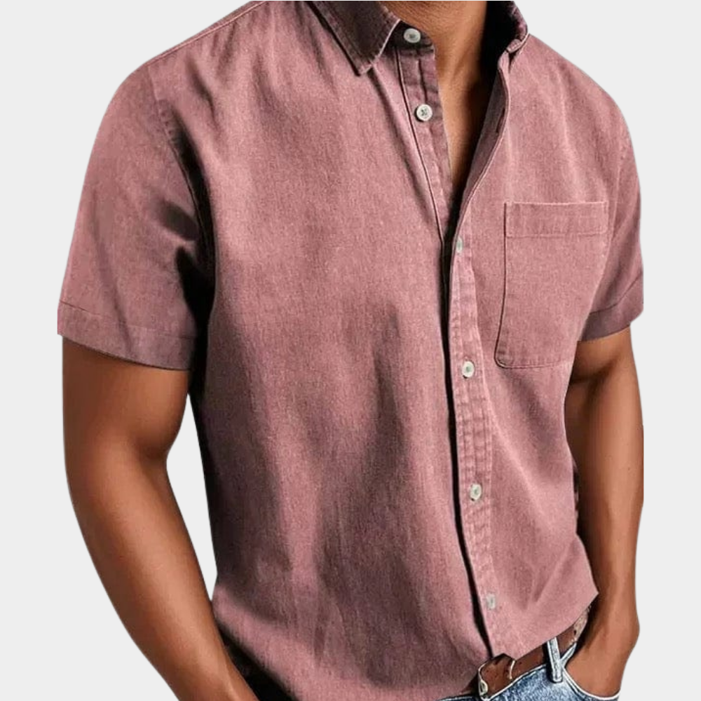 Men's short-sleeve button-up shirt in dusty pink with chest pocket and button front
