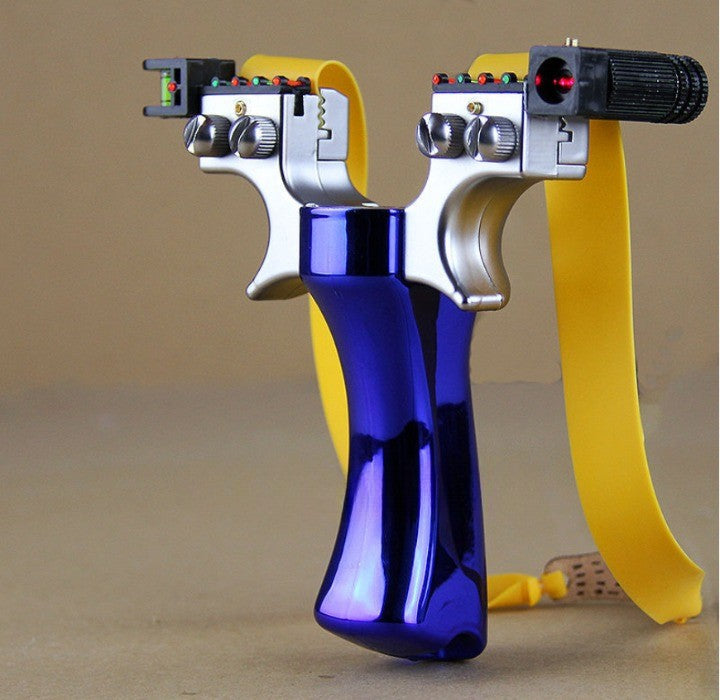 Blue laser slingshot with chrome silver body, yellow band and black barrel