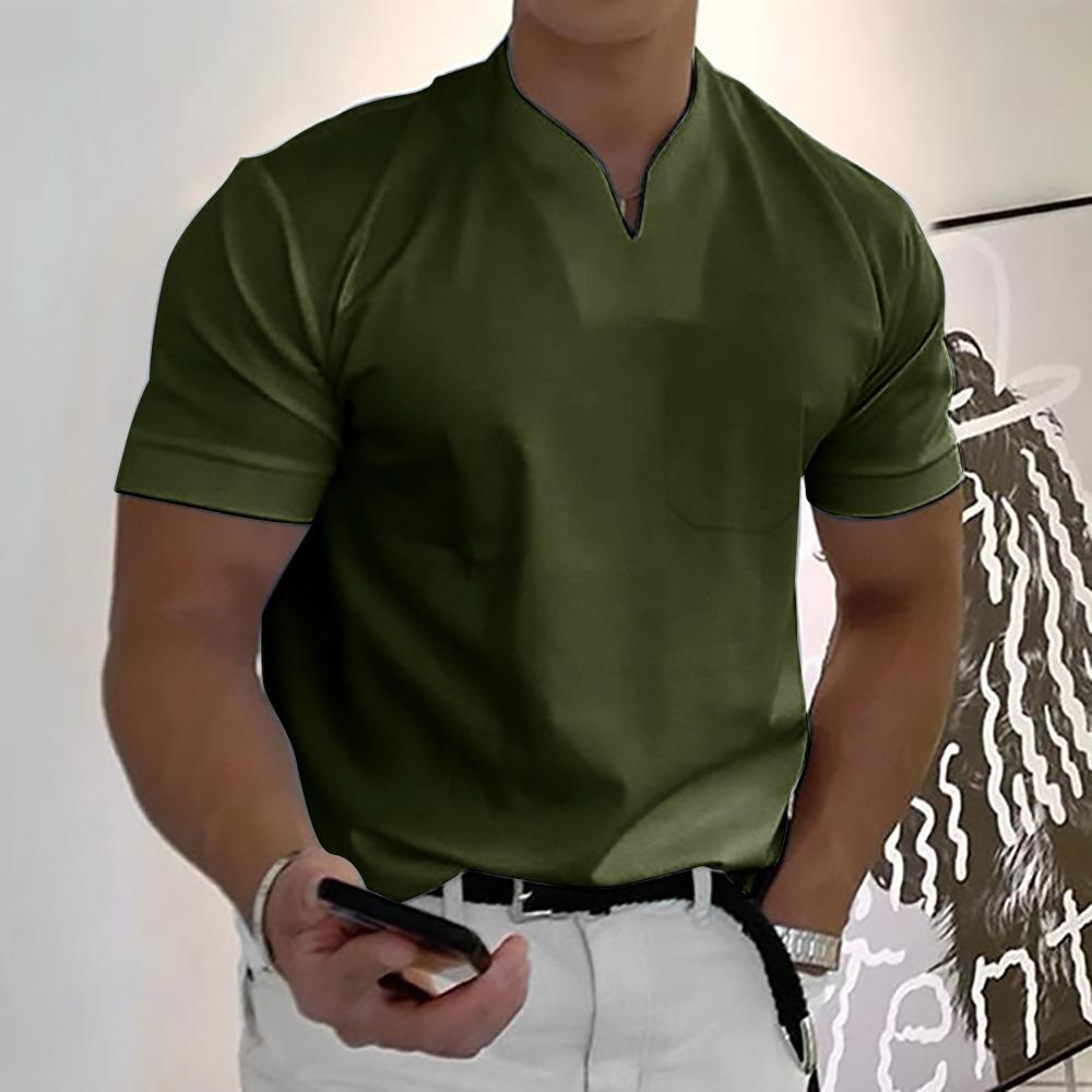 Men's short-sleeve mandarin collar shirt in green, chest pocket, front placket