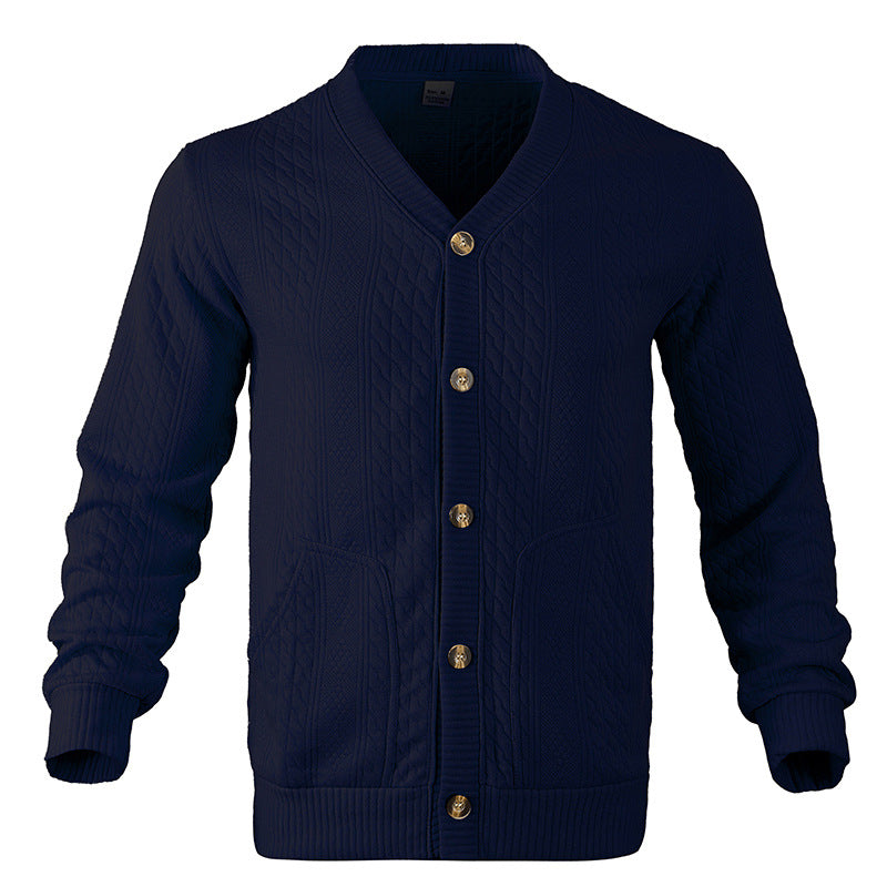 Men's textured knit button cardigan, dark blue, V-neck with button-front closure