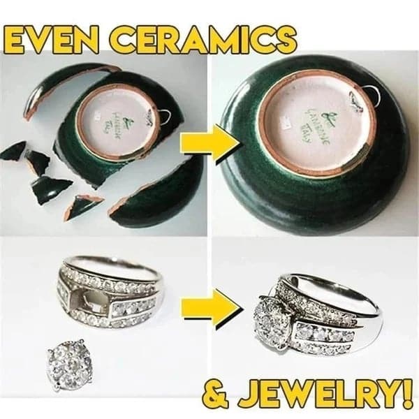 Adhesive infographic showing repaired rings and jewelry after bonding