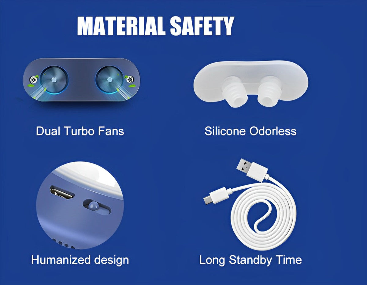 Portable anti-snoring device with dual turbo fan vents, silicone nasal tip, and USB cable