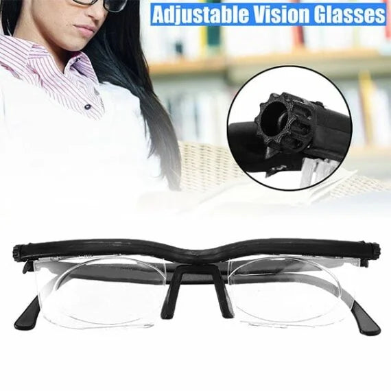 Black adjustable vision glasses with clear lenses and hinged temples