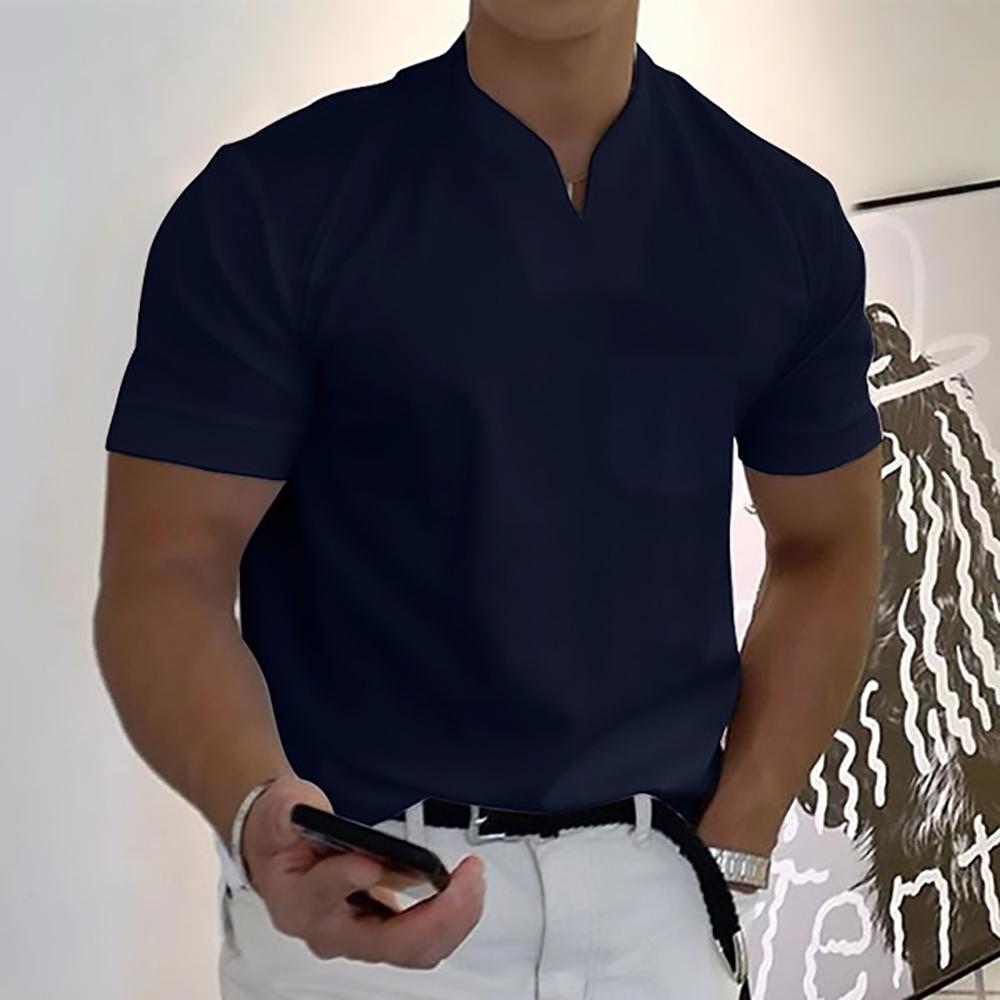 Men's short-sleeve mandarin collar shirt in dark blue, chest pocket, front placket