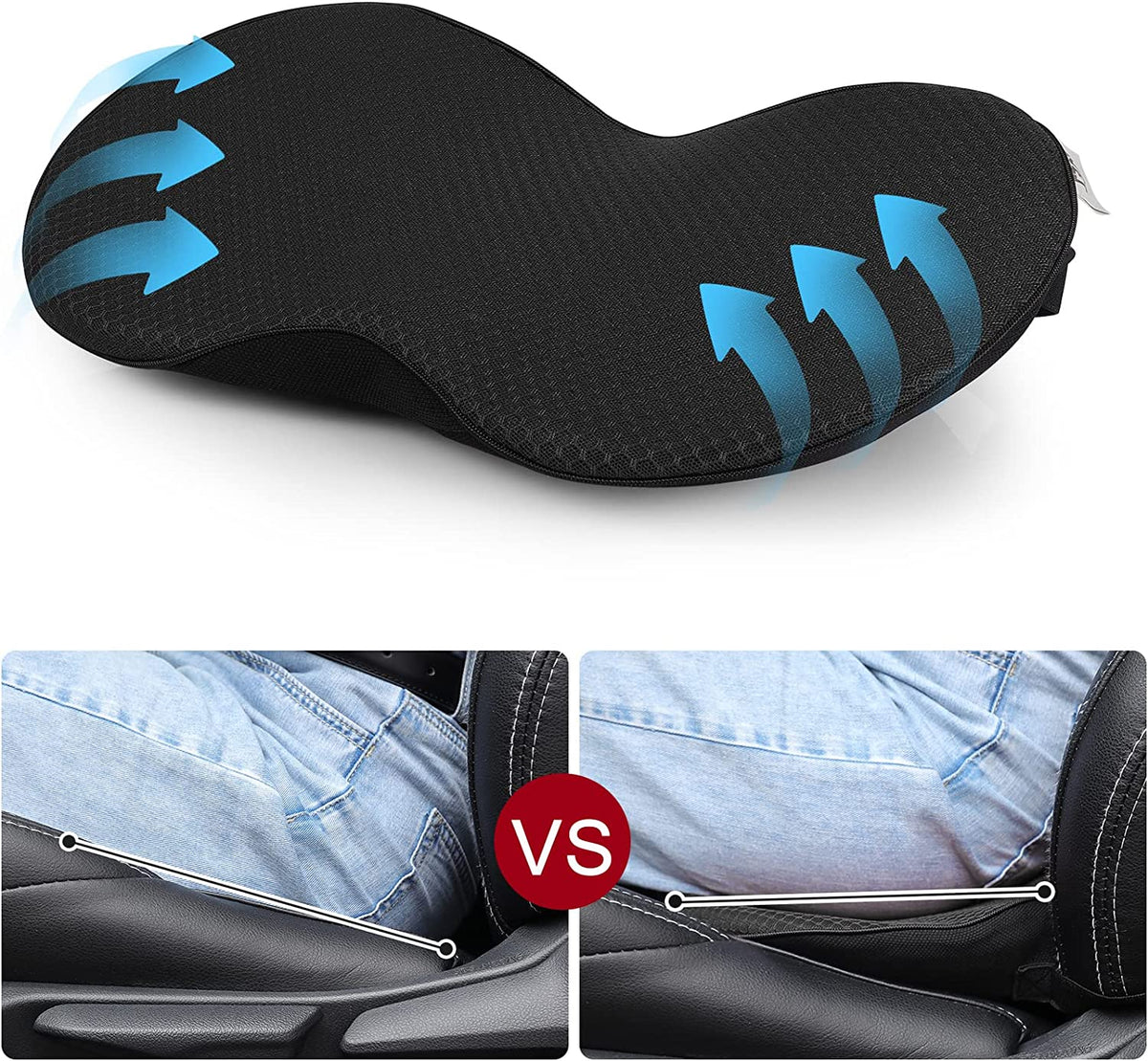 Black memory foam car seat cushion with blue airflow arrows on the curved top