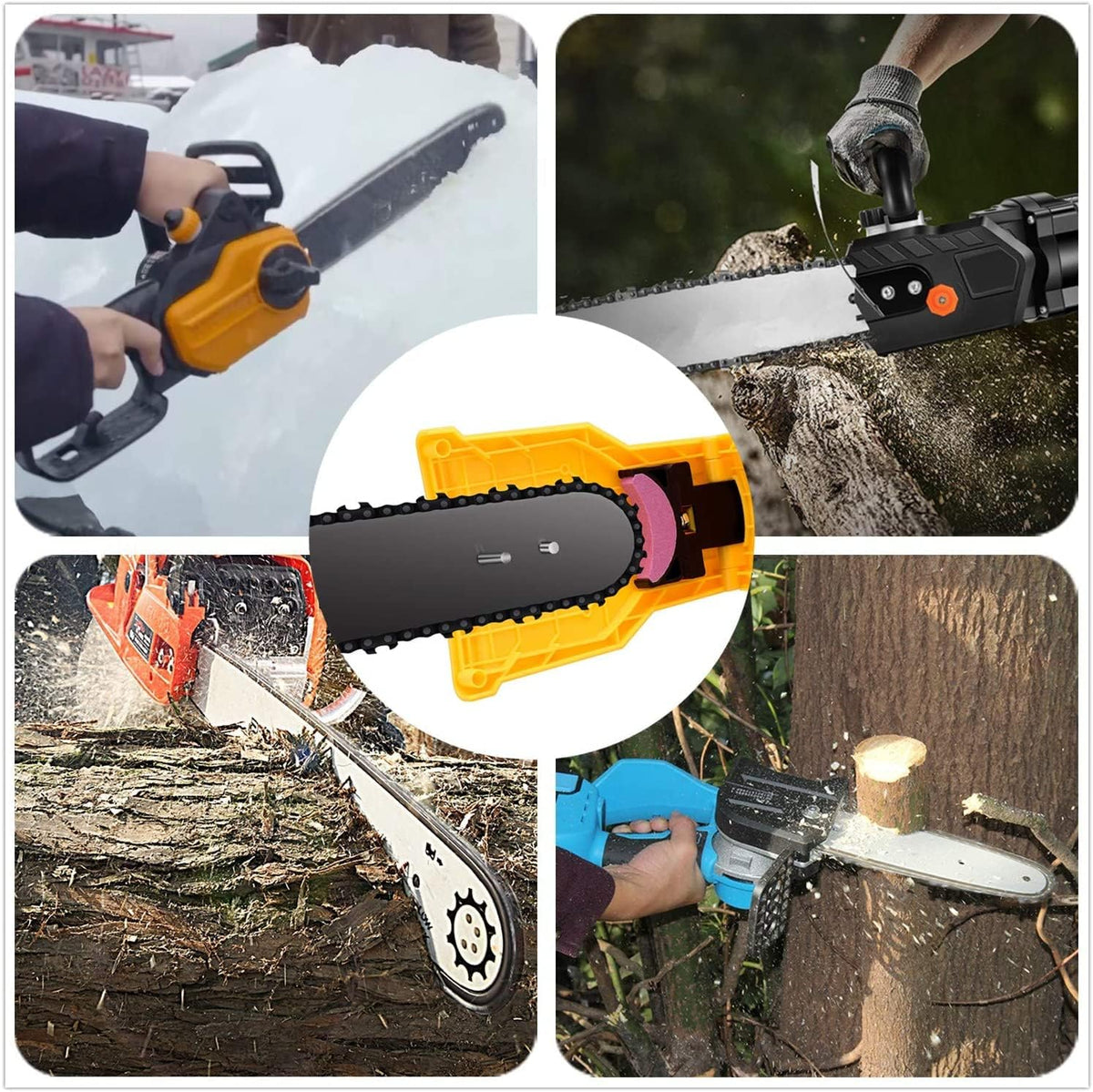 Chainsaw chain sharpener tool in use on chain and wood, shown in multiple angles