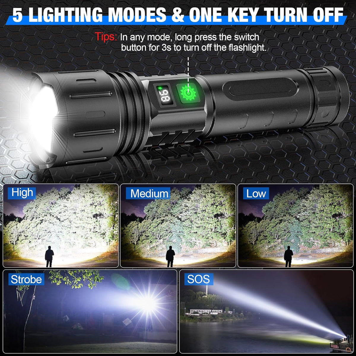 Black tactical LED flashlight power bank with green switch and multiple light modes