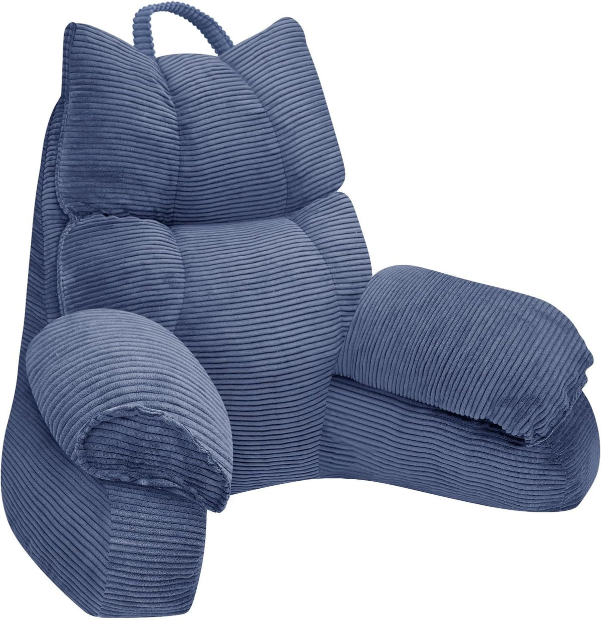 Lounge pillow with arm support, navy blue striped fabric, curved armrest cushion