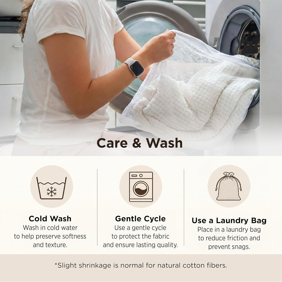 Cotton waffle-weave cooling blanket being loaded into a washing machine