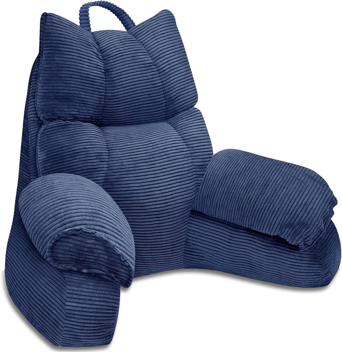Lounge pillow with arm support, dark blue striped fabric, curved armrest and side bolster