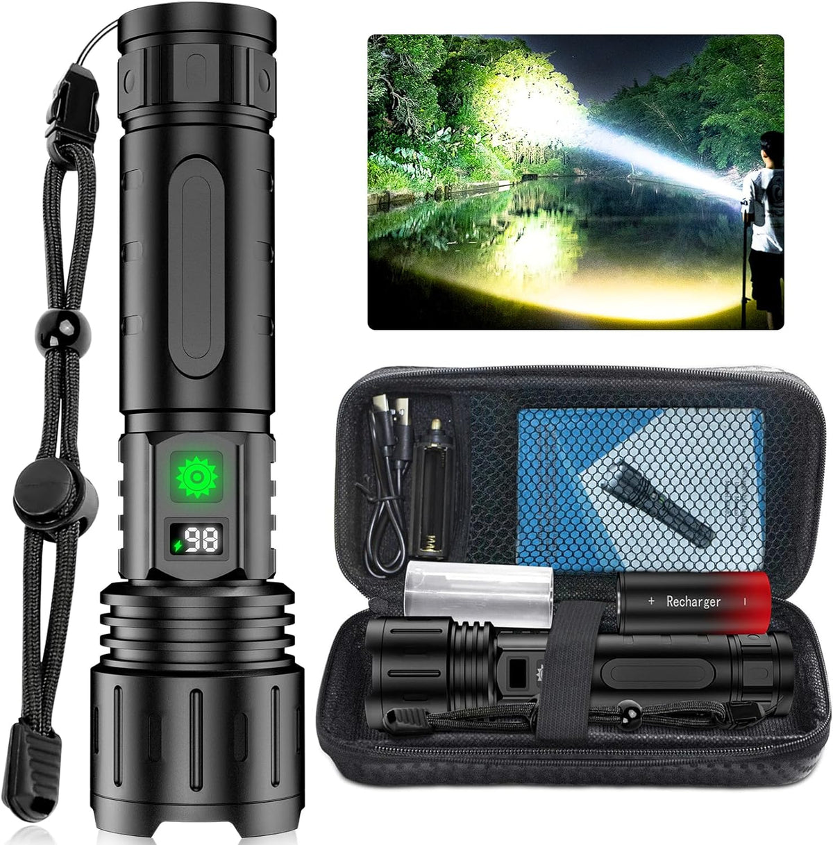 Black tactical LED flashlight power bank with lanyard and protective storage case