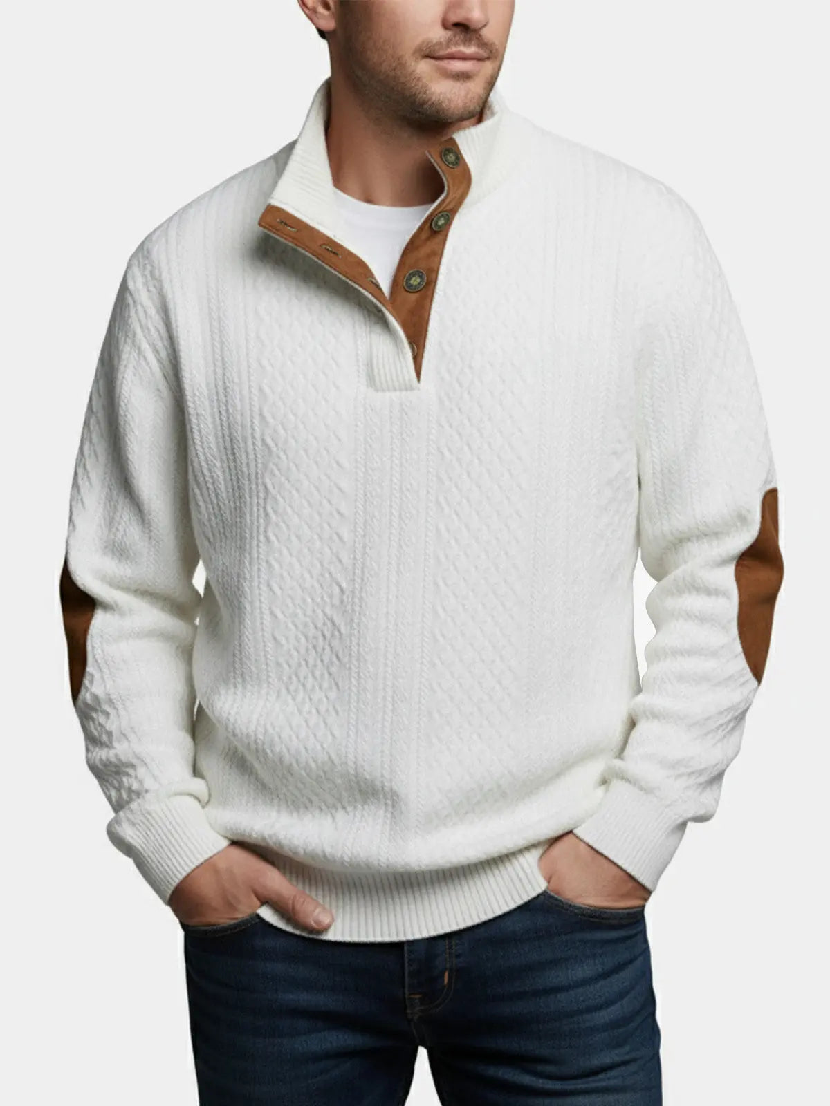 Elbow patch cable knit pullover, styled detail view