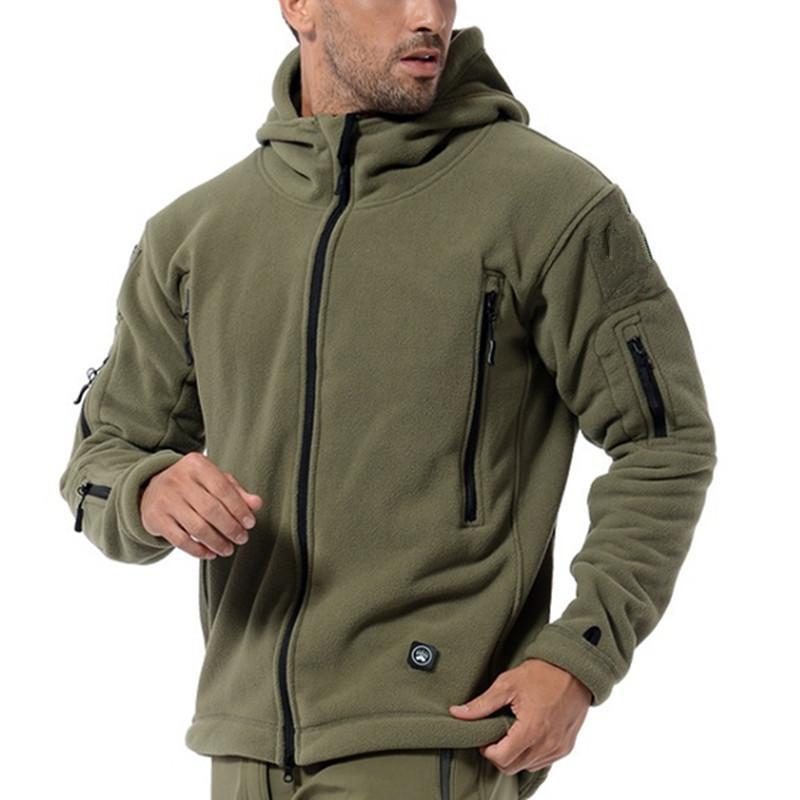 Olive green hooded fleece jacket with full zipper and chest plus side pockets