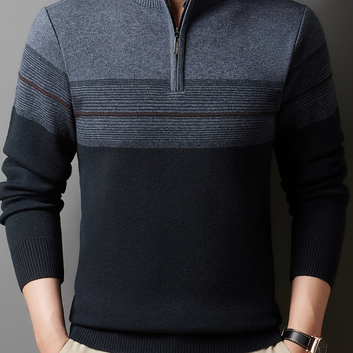 Quarter-zip striped knit sweater, grey color view