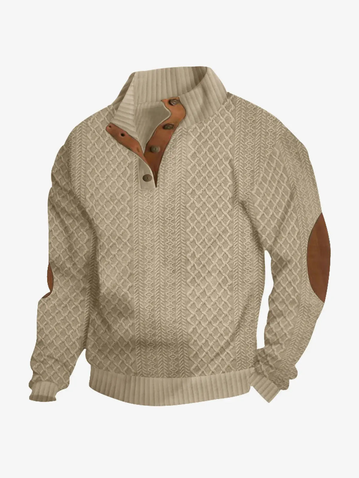 Elbow patch cable knit pullover, beige front view