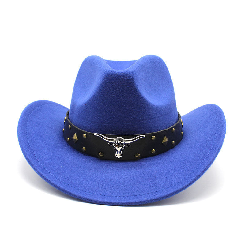 Blue felt cowboy hat with studded leather band and bull skull buckle