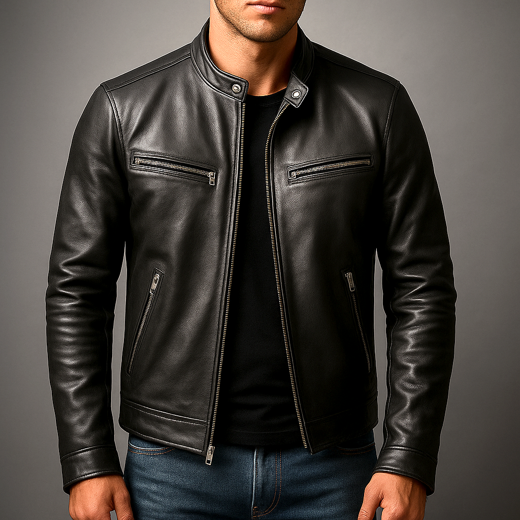 Men's vintage black leather four-pocket jacket, front zip, flap chest pockets