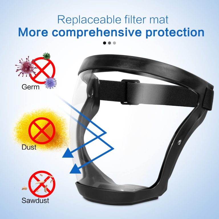 Anti-fog protective face shield with black frame, clear visor, side view
