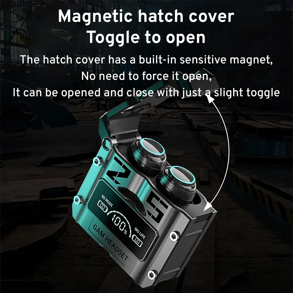 Silver charging case with earbuds and magnetic hatch cover toggle detail